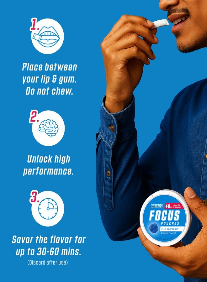 GRINDS Focus Pouches - Naturally Flavored with Nootropic Ingredients - Contains Alpha GPC and L-Theanine - Nicotine-Free, Sugar-Free - 3 Pack, 18 Pouches Per Can - Blue Raspberry - Image 5